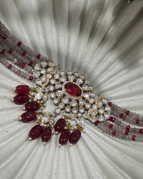 Mahira Ruby-Tone & Gray Moissanite Polki Choker Set