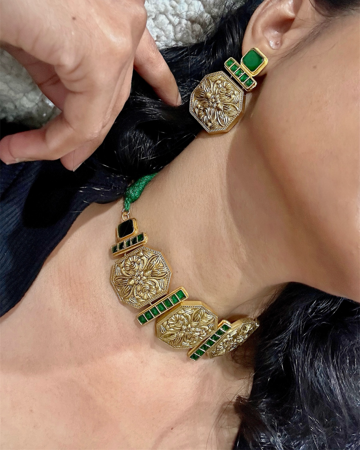 Nayantara Green-Stone Engraved Choker Set