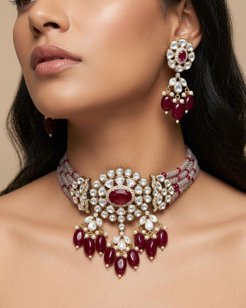 Mahira Ruby-Tone & Gray Moissanite Polki Choker Set